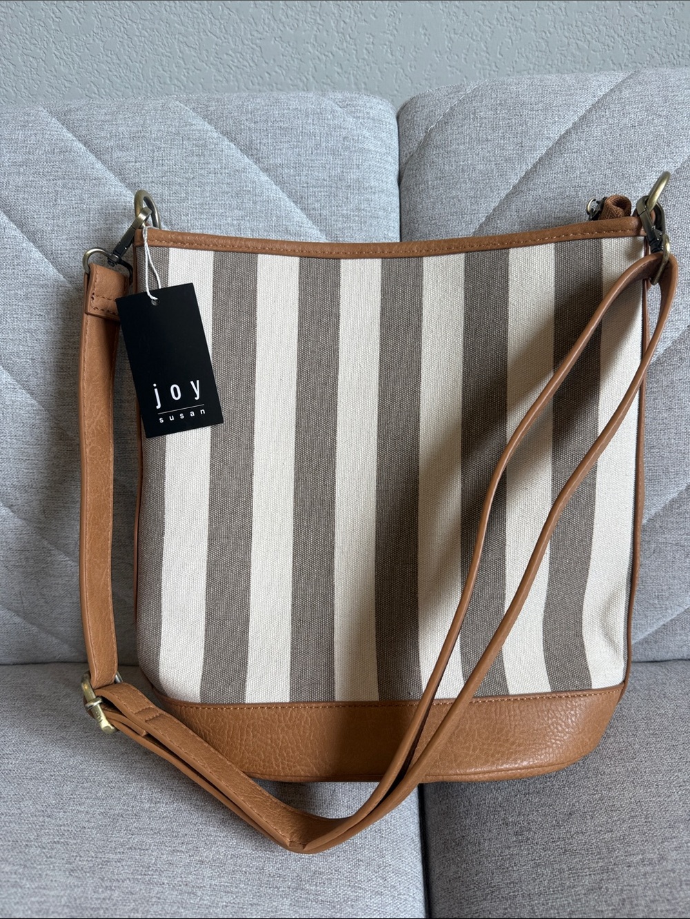 Joy Susan Cream & Tan Striped Shoulder Bag